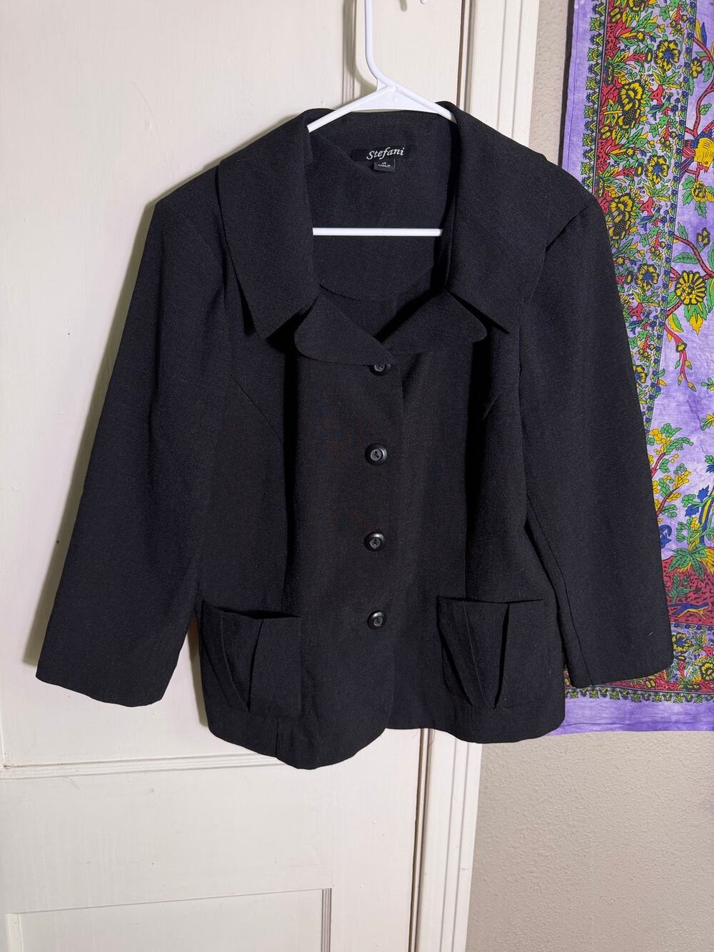 Stefani Womens 14 Black Jacket Oversized Collar Pleated Pockets Button Front